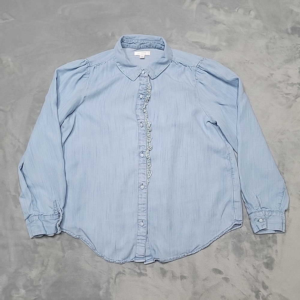 LC Lauren Conrad Shirt Womens Medium Blue Button Down Ruffle Lyocell Long Sleeve
